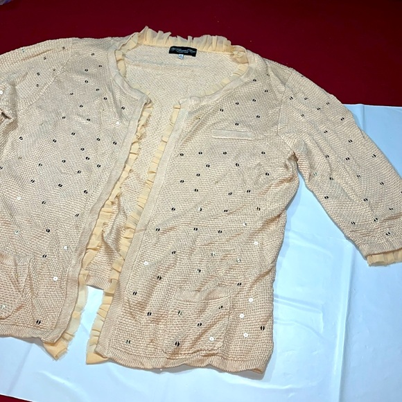 Colleen Lopez BEIGE tan shiny knit hook Cardigan sweater ruffles 3/4 sleeves 3X - Picture 6 of 15